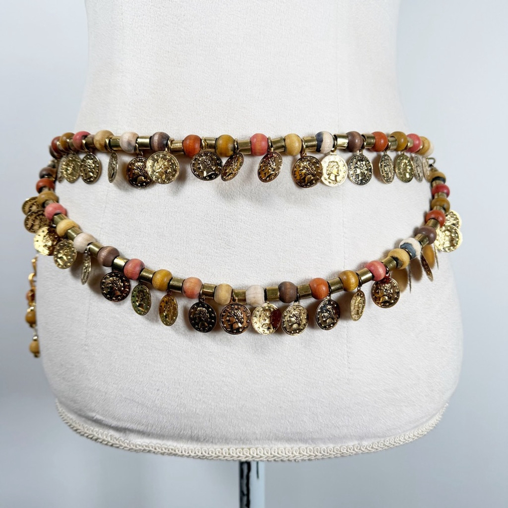 Boho Statement Layered Double Strand Waist Belt Coins Wood beads Hippie Gypsy OS - Picture 2 of 10